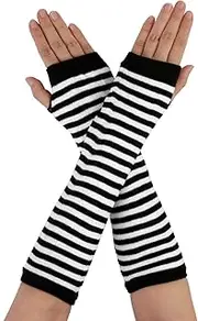 [Allegra K] Lady Fingerless Black White Stripe Printed Elbow Length Arm Long Gloves Winter Warmers Pair