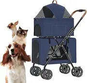Double Layer Dog Stroller for 2 Dogs/Cats, Pet Travel Stroller Breathable Dog Pram Pushchair Cage, 2 Layer Dog Strollers Foldable Pet Cat Carriage for Twin Or Multiple(Blue)