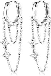 [Kakonia] Sterling Silver 925 Tassel Chain Drop Dangle Small Hoop Earrings for Women Girls Cubic Zirconia Huggie Earrings Fashion Threader Tassel Dangling Hoop Earrings