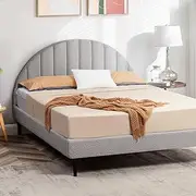 Furb Queen Bed Frame Platform Solid Pine Wood Boucle Fabric Bed Base Mattress with Upholstered Bed Headboard for Bedroom Furniture, Grey