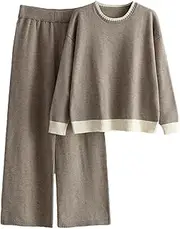 [Generic] Women's 2Pc Set Knitted Trakcsuit Crew Neck Long Sleeve Pullovers Elastic Waist Wide Leg Pant Matcing Lounge Sets