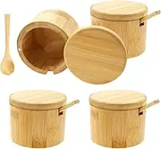 4Pcs Wood Salt Cellar, Salt Container Holder With Magnetic Rotating Lid, Inner Groove Design, Multi Use Easy Access Spices Storage with Built-in Spoon, Kitchen Storage Box for Kinds of Seasonings