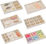 [HOTTEY] 6-Piece Jewellery Tray, Stackable Jewelry Organizer Trays, Velvet-Lined Storage Box Set with Compartments, 21x12.3x2.5cm, Beige