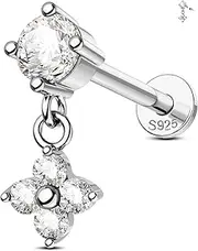 [Jewseen] 925 Sterling Silver Cartilage Piercing Jewelry Internally Threaded Conch Piercing Jewelry Clear CZ Helix Tragus Lip Piercing Clover Nose Stud for Women Men