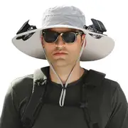 Outdoor Wide Brim Sun Hat with 2 Solar Fan Sun Bucket Hat for Men Women UPF 50+ Bucket Fishing & Beach Hat with Fan Built In,Light Grey