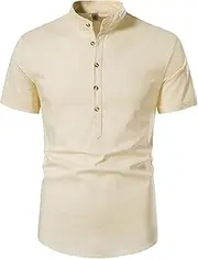 [Maiyifu-GJ] Men's Lightweight Stand Collar Beach Tops Casual Cotton Linen Short Sleeve Hipster Mandarin Collar Slim Fit Shirts
