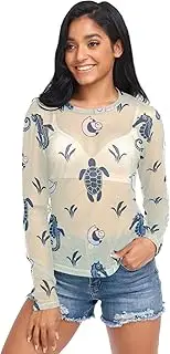 [RPLIFE] Nautical Seahorses Turtles Yellow Womens Mesh Sleeve Top, Printed Mesh Top S-XXL