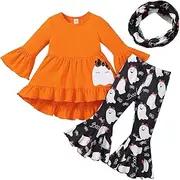 [Kayotuas] Toddler Baby Girl Halloween Outfit Ghost Ruffle Long Sleeve Shirt Tops + Striped Bell Bottoms Pants Set