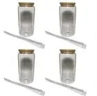 Set 4 Drinking Glass with Bamboo Lid Straw 16oz Can Shape Cup Iced Coffee Drink