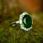 Halo Engagement Jewelry Ring 2.80CT Oval Cut Real Emerald 14K White Gold Finish