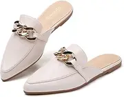 [EasySmile] Metal Chain Decor Flat Mules for Women Closed Pointed Toe Slip on Loafers Slides Backless Mules Shoes