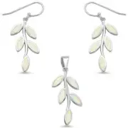 White Fire Opal Leaf Design Dangling Earring & Pendant .925 Sterling Silver Set