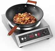 VEXMAECY 3500W Induction Wok,Cast Iron Wok Included for 15A Plug,Stainless Steel Electric Wok Used for Home and Commercial,Temp from 60℃ to 240℃,Concave Surface 10 Power 24H Timer