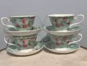 Stechcol Gracie Bone China Teacup and Saucer Floral Garden Roses Set of 4 Mint