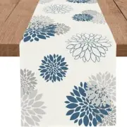 Blue Gray Table Runner Dahlia Pinnata Flower Beige Table 13 x 36 Inch Blue Grey