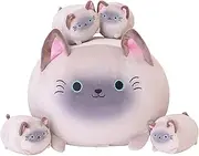 SQEQE Plushie Siamese Cat Plush Toy with 4 Adorable Kittens - Ultra-Soft Stuffed Animal Pillow for Kids, Christmas Family Gifts Bundle, Easter & Children's Day Presents for Boys & Girls