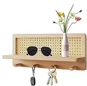 Wall Mounted Grollo With Shelf - Wall Mounted Rattan Holder, Farmhouse Decoration Rustic Wall Organizer | Nursery Book Shelves With Hooks For Study Room 'i