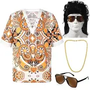 4 Pcs Mens Disco Costume Set Beach V-Neck Drawstring Printing Short Sleeve Shirt Mullet Wig for Disco Party Halloween Prom