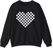[Generic] Checkered Heart Retro Race Car Gamer Heart Valentines Day Sweatshirt for Adults Crew Neck Long Sleeve Pullover