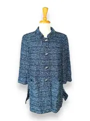 ST. JOHN Long Button Up Santana Knit Blend Jacket Blue Boucle sz 10 NEW $1695