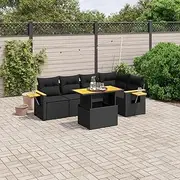 6 Piece Garden Sofa Set with Cushions, Black Poly Rattan Patio Furniture, Outdoor Chairs, Adjustable Table, Small Porch Wicker Conversation Set, Modular Design with Acacia Armrest, Balcony