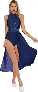[Vxuxlje] Women's Lyrical Dance Costume Sleeveless Side Split Tulle Leotard Dress Ballet Dancewear