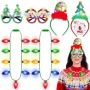 6PCS Christmas Accessories, Light Up Christmas Necklace Headband Glasses 6 PCS
