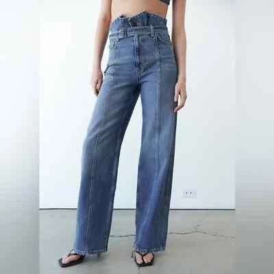 NWT Zara High Waisted Paperbag Wide Leg Belted Jeans Size 4