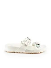 White Leather Embellished Slides
