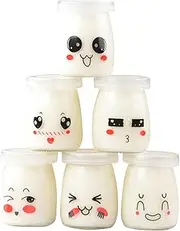 BIUDECO Cute Face Design Pudding Bottles 6pcs Glass Jars for Yoghurt Dessert and Jelly Storage