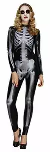 Fever Adult Womens Miss Whiplash Skeleton Costume, Printed Catsuit, Halloween,