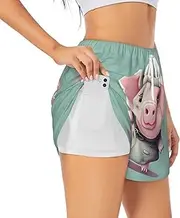 [WURTON] Cute Pig Print Exercise Gym Workout Shorts Women's Athletic Shorts Dual-Layered Yoga Running Shorts