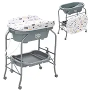 Giantex 4-in-1 Foldable Baby Change & Bathtub Table on Wheels Cute Bear Print w/Waterproof Pad & Tray, Grey
