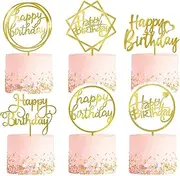 6 Pack Gold Birthday Cake Topper Set, Acrylic Happy Birthday Cake Toppers Cupcake Toppers,Double-Sided Glitter Happy Birthday Gold Cake Topper Set,Acrylic Happy Birthday Cake Toppers Cupcake Toppers