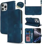 Jaorty Phone Case for iPhone 16 Pro Max with Card Holder,Wallet Case for iPhone 16 Pro Max with Crossbody Shoulder Strap for Women,Anti-Fingerprints Magnetic Flip Cover Purse,6.9",Dark Blue