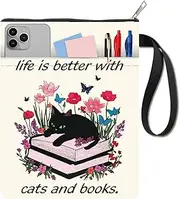 craspire 11 x 8.6 Inch Book Cover Black Cats Butterfly Flower Protection Book Covers Pocket Books Washable Fabric Bag Handle with Zip Front Pocket for Book Lovers Readers
