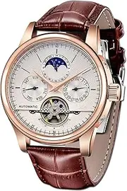 [carlien] Mens Automatic Mechanical Watch Waterproof Multifunction Moon Phase Sports Watch Tourbillon Leather Brown Rose Gold, Chronograph,Quartz Watches