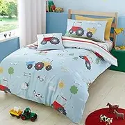 Bedlam - Farm Duvet Cover Sets - Double Bedding Size (200 x 200cm) - Farm Animals & Construction Tractor Bedding - Reversible Design - Farmyard Friends Collection, Blue