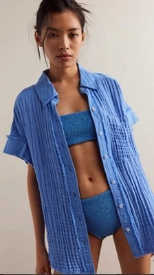 NWT Free People We The Free Heat Waves Cotton Button Up Tunic Top XS Light Blue