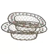 Pair Beaded Pastel Gold Wire Basket With Pink And Blue Beads, NWOT