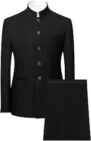 [Aosufei] Men's Button Up 2 Piece Solid Suit Set Floral Slim Fit Wedding Dress Suits Stylish Stand Collar Blazer Pants Sets