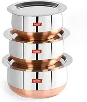 Sumeet Stainless Steel Copper Bottom Belly Shape 3 Pc Tope / Cookware/ Pot Set with Lid 1.75Ltr, 2.4Ltr, 3Ltr (Silver)