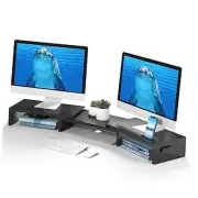 Dual Monitor Stand Riser with Smartphone Holder, Adjustable Length & Black