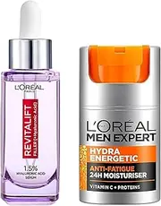L'Oréal Paris, Hydrating Skincare Heroes, Duo Bundle - Revitalift Filler 1.5% Pure Hyaluronic Acid Face Serum 30ml & Men Expert Hydra Energetic Vitamin C Moisturiser 50ml