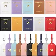 Swpeet 4Pcs White and Purple Blue PU Leather Passport Cover Holder and Luggage Tag Set, 2 Passport Covers 2 Luggage Tags, Passport Holder Travel Suitcase Tag, Passport Covers and Organizer for Travel