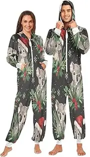 [ZZXXB] Koala with Xmas Hat Onesie Pajamas for Adult Women Men Long Sleeves One Piece Onesies Hooded Sleepwear S - XL
