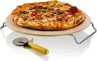 OVENTE Ceramic Flat 13 Inch Pizza Stone Set with Crust Cutter Wheel & Metal Rack