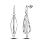 14k White Gold Round Diamond Oblong Oval Dangle Earrings 1/6 Cttw
