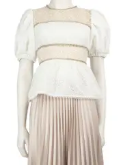 White Beaded Puff-Sleeve Peplum Top