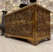 Walnut wood trunk coffee table, Hand carved wooden storage chest with secret key